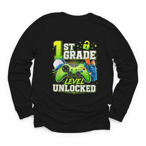 Back To School 1st First Grade Level Unlocked Gamer Kid Youth Long Sleeve Tee - Savourry