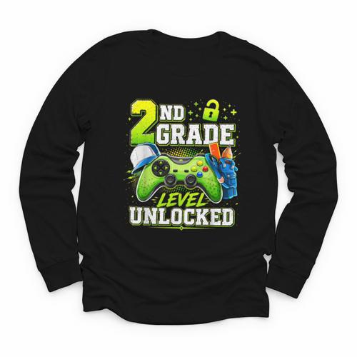 Back To School 2nd Second Grade Level Unlocked Gamer Kid Youth Long Sleeve Tee - Savourry