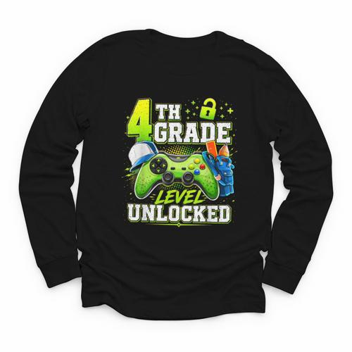 Back To School 4th Fourth Grade Level Unlocked Gamer Kid Youth Long Sleeve Tee - Savourry