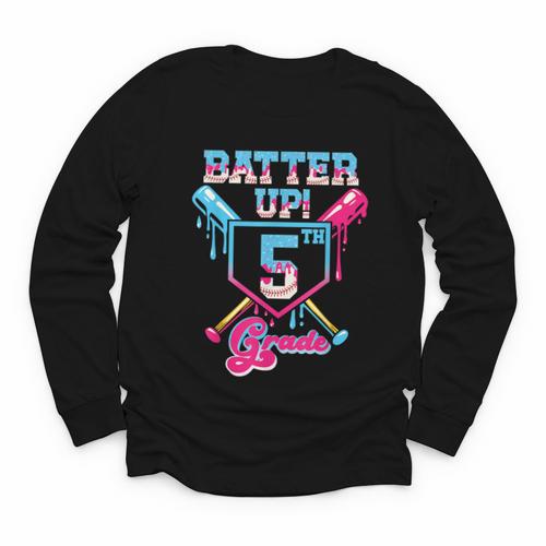 Back To School 5th Grade Batter Up Baseball First Day Boys Youth Long Sleeve Tee - Savourry