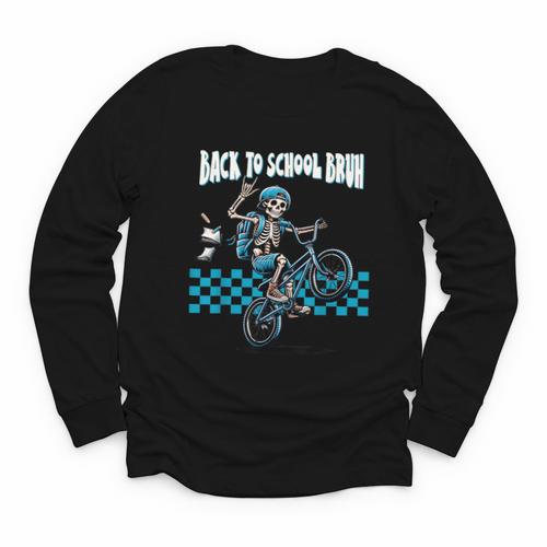 Back To School Bruh Boy Skeleton Riding On a BMX Bike Youth Long Sleeve Tee - Savourry
