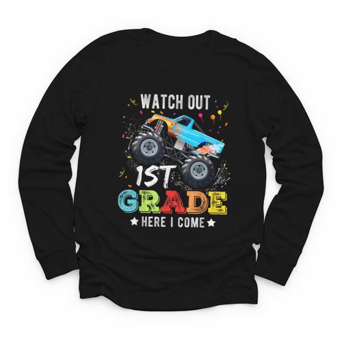 Back To School First Grade Here I Come For Boy Kids Truck Youth Long Sleeve Tee - Savourry