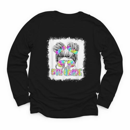 Back To School Hello 5th Grade Cute Messy Bun Tie Dye Girls Youth Long Sleeve Tee - Savourry