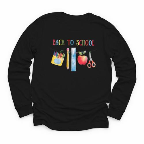 Back To School Shirt Apple Crayons Pencil Ruler Cute Graphic Youth Long Sleeve Tee - Savourry