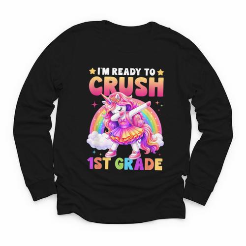 Back To School Unicorn Girls I'm Ready To Crush 1st Grade Youth Long Sleeve Tee - Savourry