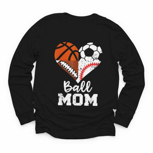 Ball Mom Heart Soccer Basketball Baseball Football Mom Youth Long Sleeve Tee - Sportilla