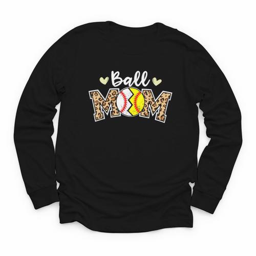 Ball Mom Leopard Baseball Softball Player Mom Youth Long Sleeve Tee - Sportilla