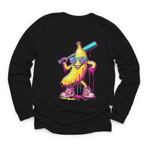 Banana With Baseball Bat Street Baseball Drip Youth Long Sleeve Tee - Sportilla