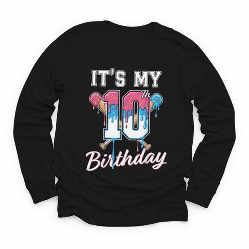 Baseball 10 Year Old Ice Cream Drip 10th Birthday Boys Youth Long Sleeve Tee - Sportilla