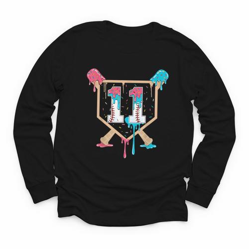 Baseball 11 Year Old Ice Cream Drip 11th Birthday Boy Player Youth Long Sleeve Tee - Sportilla