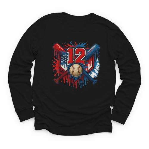 Baseball 12 Year Old Splash Drip 12th Birthday Boy Number 12 Youth Long Sleeve Tee - Sportilla