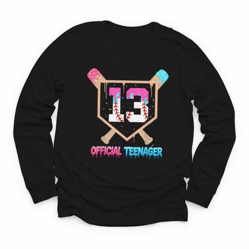 Baseball 13 Year Ice Cream Drip 13th Bday Official Teenager Youth Long Sleeve Tee - Sportilla