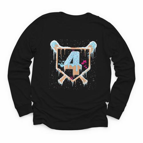 Baseball 4 Year Old Ice Cream Drip 4th Birthday Boy Number 4 Youth Long Sleeve Tee - Sportilla