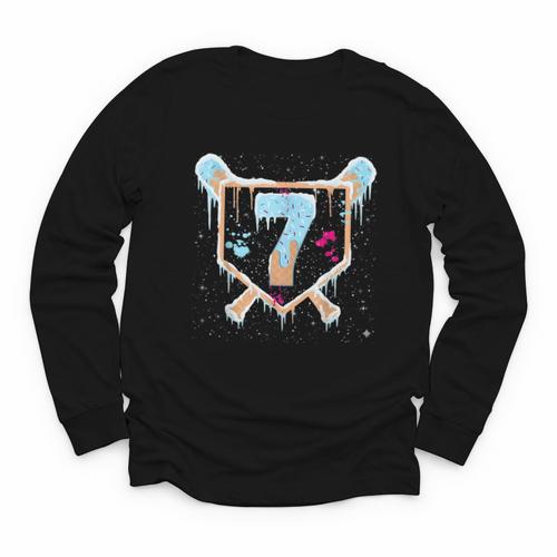 Baseball 7 Year Old Ice Cream Drip 7th Birthday Boy Number 7 Youth Long Sleeve Tee - Sportilla