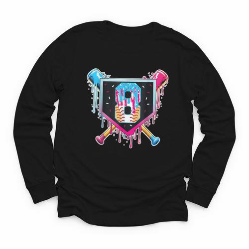 Baseball 8 Year Old Boy Ice Cream Drip 8th Birthday Player Youth Long Sleeve Tee - Sportilla