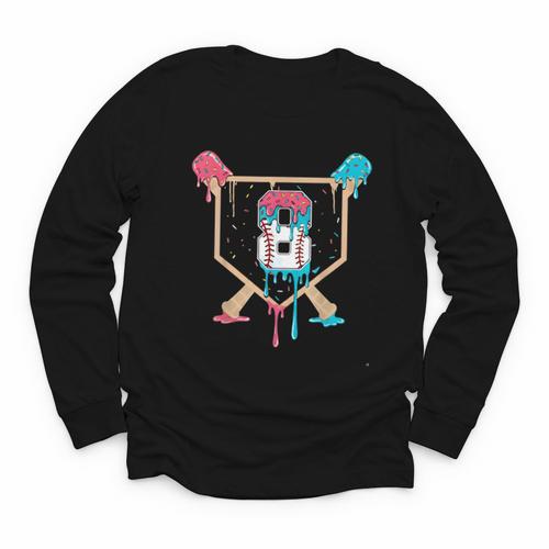 Baseball 8 Year Old Ice Cream Drip 8th Birthday Boys Player Youth Long Sleeve Tee - Sportilla