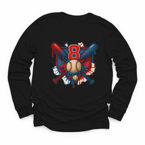 Baseball 8 Year Old Splash Drip 8th Birthday Boy Number 8 Youth Long Sleeve Tee - Sportilla