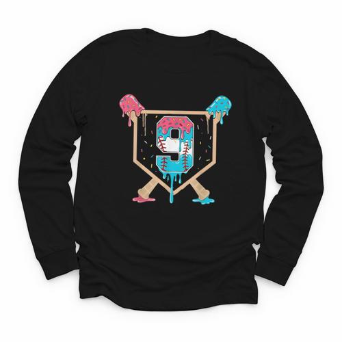 Baseball 9 Year Old Ice Cream Drip 9th Birthday Boys Player Youth Long Sleeve Tee - Sportilla