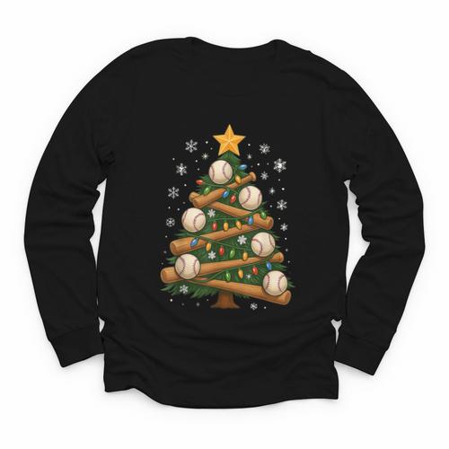 Baseball Bat Christmas Tree Lights Holiday Xmas Youth Long Sleeve Tee - Sportilla