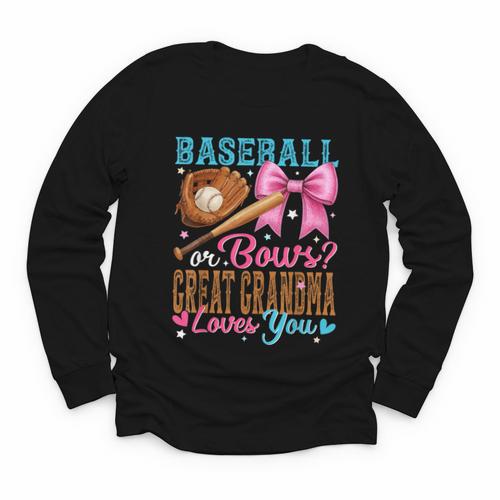 Baseball Or Bows Great Grandma Loves You Gender Reveal Youth Long Sleeve Tee - Sportilla