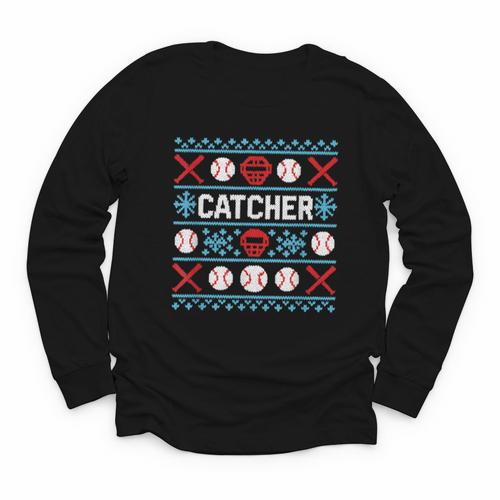 Baseball Catcher Ugly Christmas Sweater Pattern Sports Xmas Youth Long Sleeve Tee - Sportilla