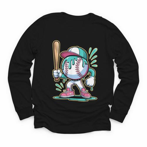 Baseball Character Cartoon Batter Drip Style Women Men Youth Long Sleeve Tee - Sportilla