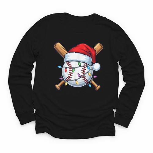 Baseball Christmas Lights Santa Christmas Baseball Player Youth Long Sleeve Tee - Sportilla