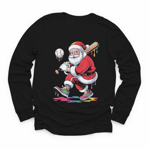 Baseball Christmas Santa Claus Batter Baseball Drip Youth Long Sleeve Tee - Sportilla