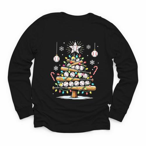 Baseball Christmas Tree Lights Youth Long Sleeve Tee - Sportilla