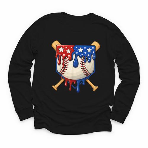 Baseball Drip American Flag Home Plate 4th Of July Patriotic Youth Long Sleeve Tee - Sportilla