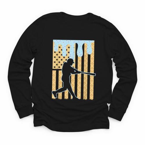 Baseball Drip Boys Dripping Ice Cream Baseball American Flag Youth Long Sleeve Tee - Sportilla