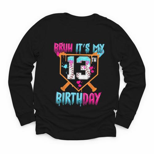 Baseball Drip Bruh It's My 13th Birthday Boy Ice Cream Drip Youth Long Sleeve Tee - Sportilla