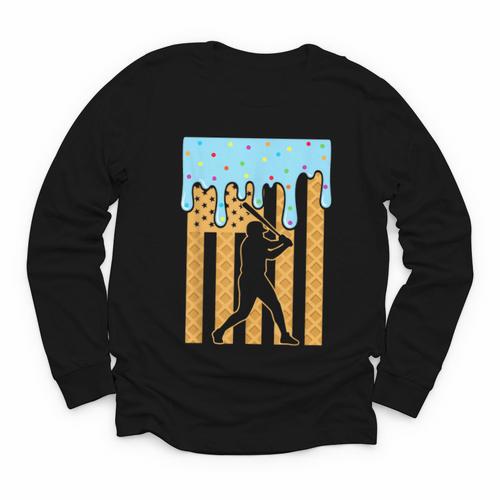 Baseball Drip Dripping Ice Cream Sport Player American Flag Youth Long Sleeve Tee - Sportilla