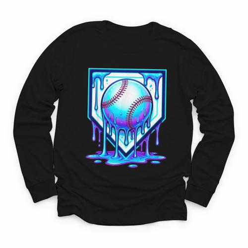 Baseball Drip Ice Cream Blue Glow Melt Ball Graphic Youth Long Sleeve Tee - Sportilla