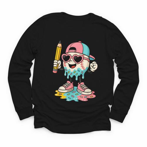 Baseball Drip Ice Cream First Day Back To School Cute Girls Youth Long Sleeve Tee - Savourry