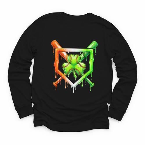 Baseball Drip Ice Cream St Patricks Day Shamrock Youth Long Sleeve Tee - Sportilla