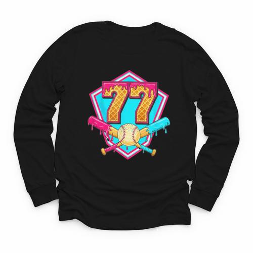 Baseball Drip Jersey Number 77 For Players & 77th Birthday Youth Long Sleeve Tee - Sportilla