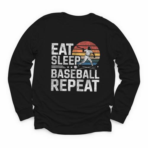 Baseball Fan Vintage Retro Eat Sleep Baseball Repeat Youth Long Sleeve Tee - Sportilla