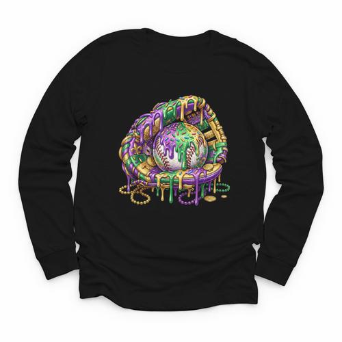 Baseball Glove Ice Cream Mardi Gras Dripping Boys Youth Kids Youth Long Sleeve Tee - Sportilla