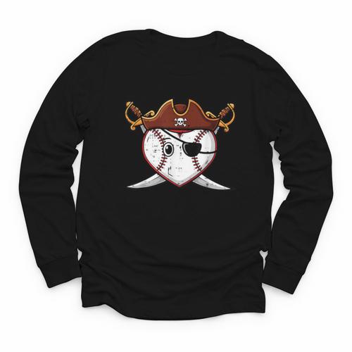 Baseball Heart Pirate Hat Crossed Swords Men Boys Kids Youth Youth Long Sleeve Tee - Sportilla