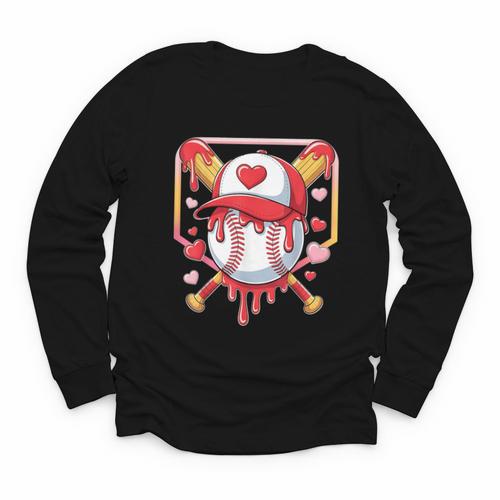 Baseball Heart Valentines Day Baseball Ice Cream Drip Boys Youth Long Sleeve Tee - Sportilla