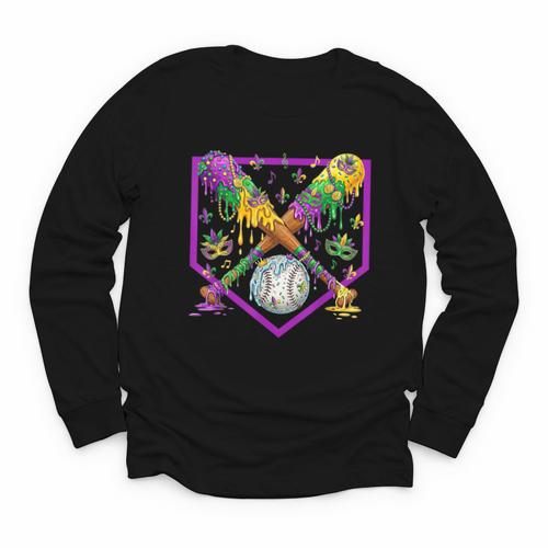 Baseball Ice Cream Drip Boys Mardi Gras Carnival Party Mask Youth Long Sleeve Tee - Sportilla