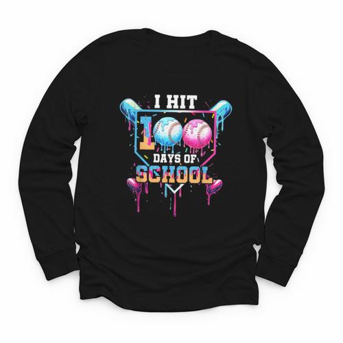 Baseball Ice Cream Drip I Hit 100 Days Of School Boys Kids Youth Long Sleeve Tee - Sportilla