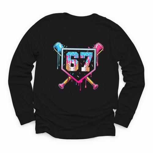Baseball Ice Cream Drip Number 67 Player 67th Birthday Youth Long Sleeve Tee - Sportilla