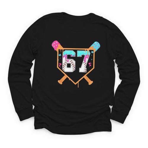 Baseball Ice Cream Drip Number 67 Player Six Seven Meme 6 7 Youth Long Sleeve Tee - Sportilla