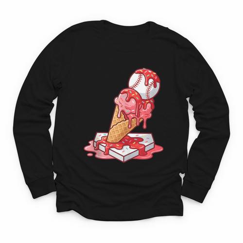 Baseball Ice Cream Drip Youth Strawberry Baseball Red Youth Long Sleeve Tee - Sportilla