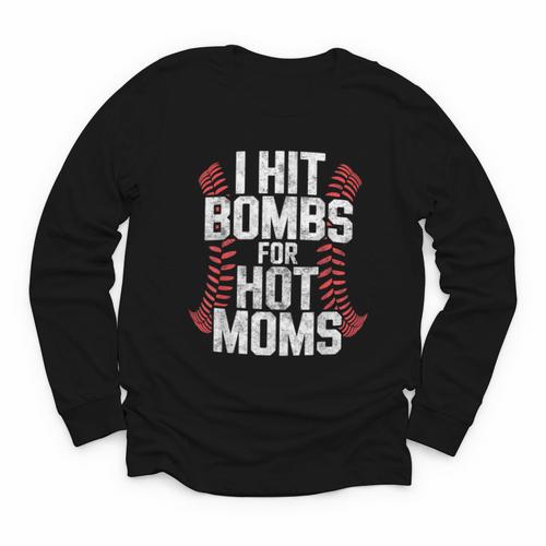 Baseball Joke Tee I Hit Bombs For Hot Moms Player Pitcher Youth Long Sleeve Tee - Sportilla