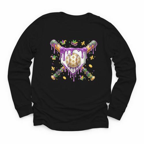 Baseball Mardi Gras Carnival Party Mask Ice Cream Drip Boys Youth Long Sleeve Tee - Sportilla