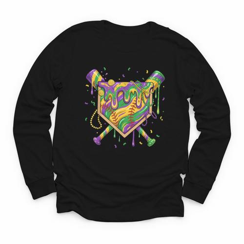 Baseball Mardi Gras Home Plate Ice Cream Drip Carnival Mask Youth Long Sleeve Tee - Sportilla