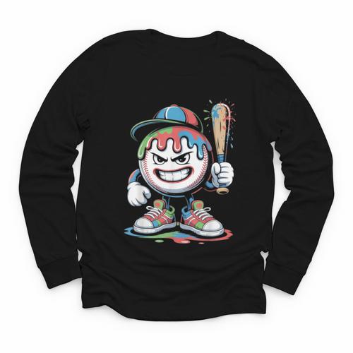 Baseball Mascot Attitude Graffiti Splash Bat Cap Youth Long Sleeve Tee - Sportilla